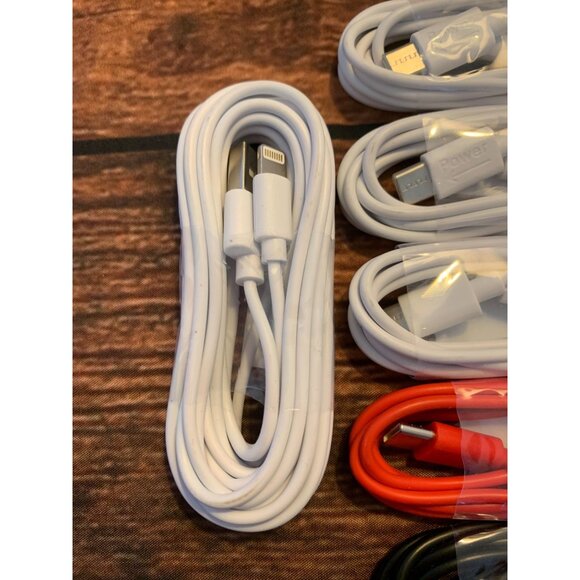 6-Pack USB Cable Set With Lightning & USB-C Connectors - White Red & Black - Picture 2 of 4